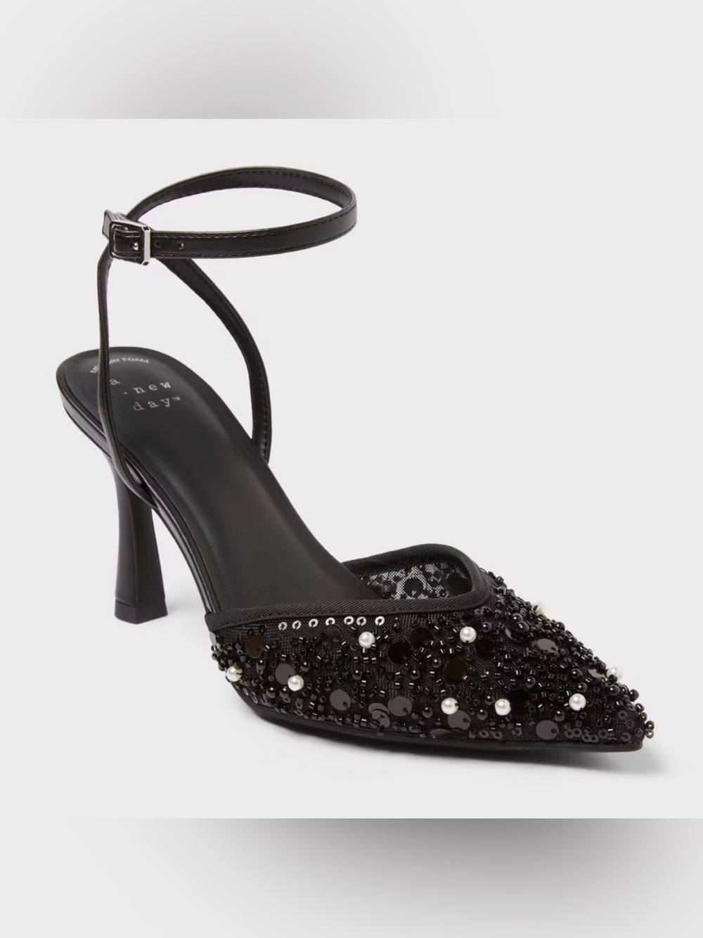 A New Day Black Poited Toe Heels Beaded Detail Size 8.5